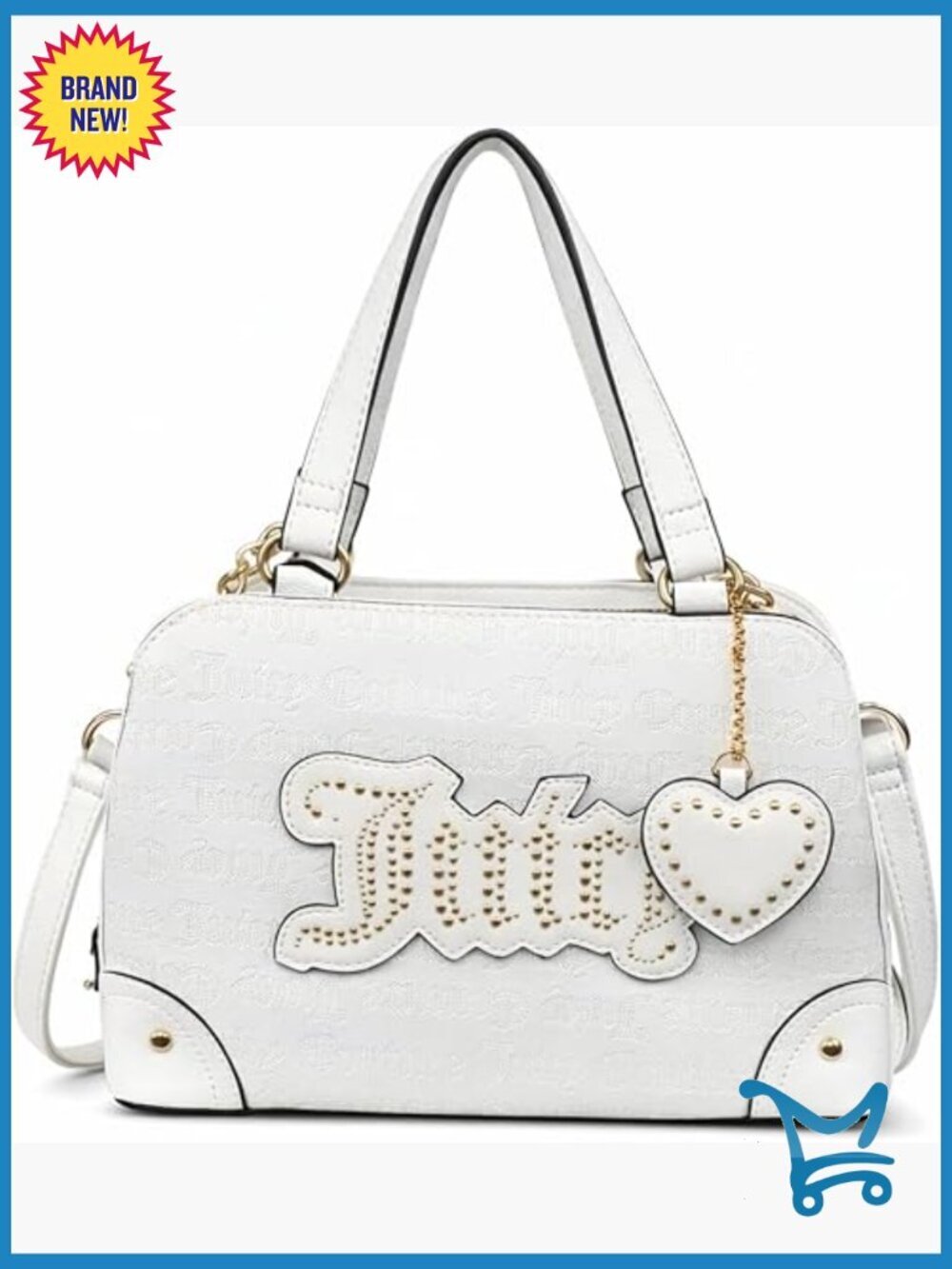 Structured Satchel with Studded Logo, Removable Heart Charm, Top-Zip Closure